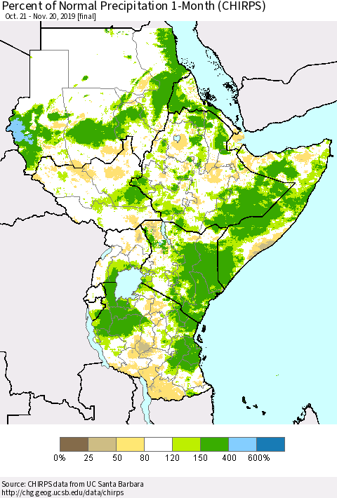 Eastern Africa Percent of Normal Precipitation 1-Month (CHIRPS) Thematic Map For 10/21/2019 - 11/20/2019