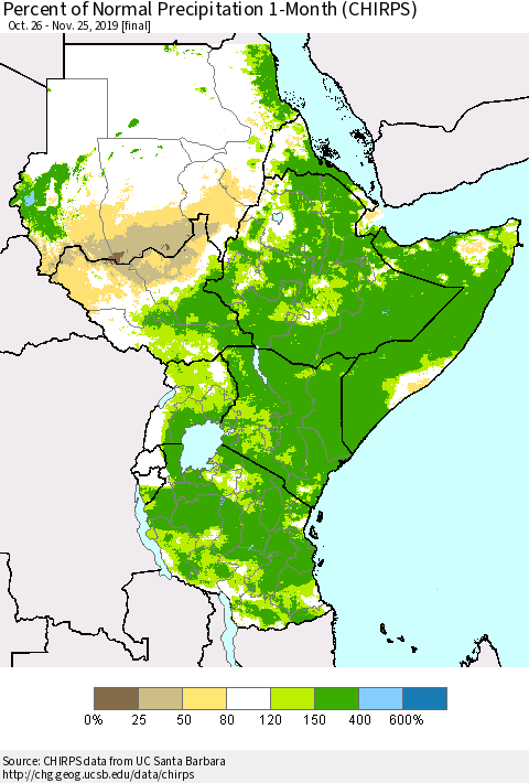 Eastern Africa Percent of Normal Precipitation 1-Month (CHIRPS) Thematic Map For 10/26/2019 - 11/25/2019