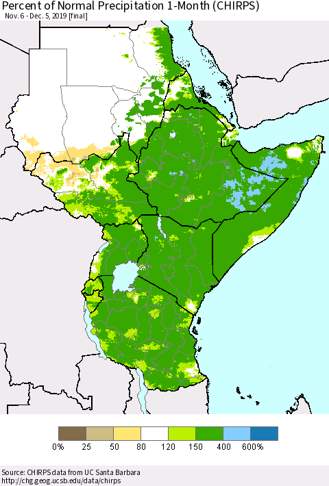Eastern Africa Percent of Normal Precipitation 1-Month (CHIRPS) Thematic Map For 11/6/2019 - 12/5/2019
