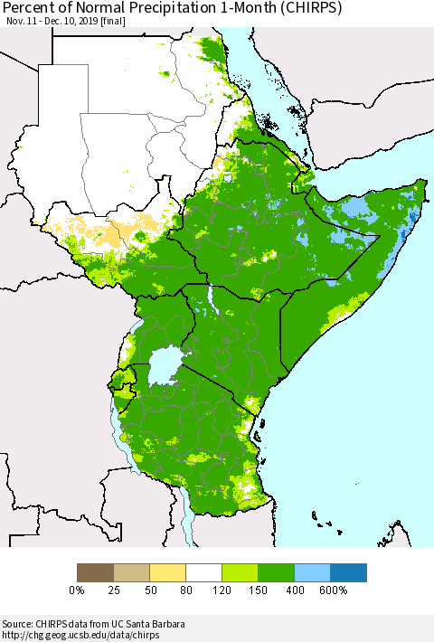 Eastern Africa Percent of Normal Precipitation 1-Month (CHIRPS) Thematic Map For 11/11/2019 - 12/10/2019