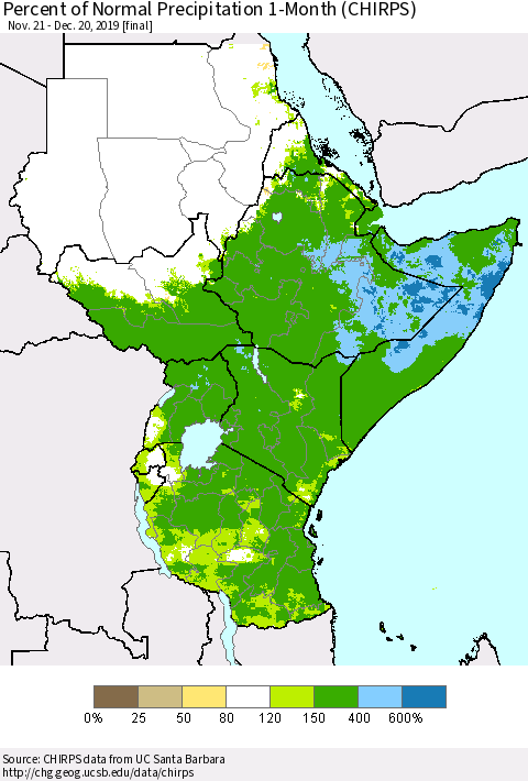 Eastern Africa Percent of Normal Precipitation 1-Month (CHIRPS) Thematic Map For 11/21/2019 - 12/20/2019