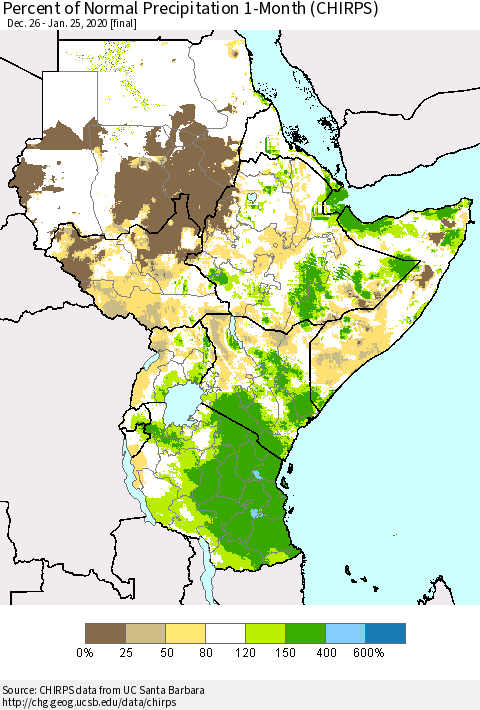 Eastern Africa Percent of Normal Precipitation 1-Month (CHIRPS) Thematic Map For 12/26/2019 - 1/25/2020