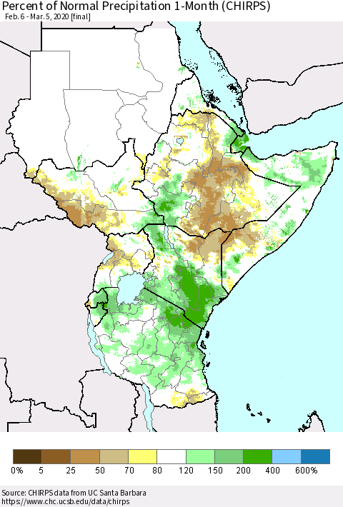Eastern Africa Percent of Normal Precipitation 1-Month (CHIRPS) Thematic Map For 2/6/2020 - 3/5/2020