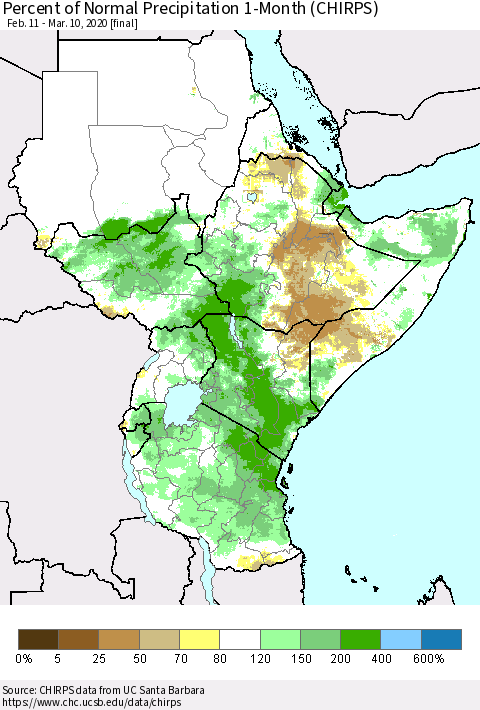 Eastern Africa Percent of Normal Precipitation 1-Month (CHIRPS) Thematic Map For 2/11/2020 - 3/10/2020