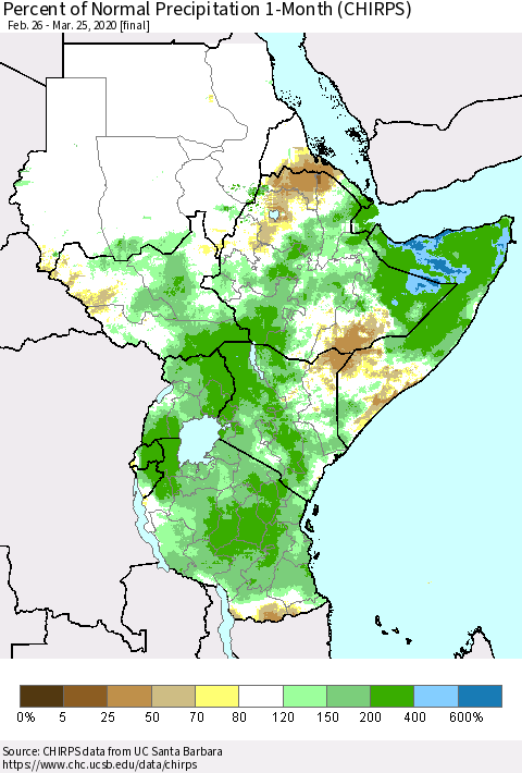 Eastern Africa Percent of Normal Precipitation 1-Month (CHIRPS) Thematic Map For 2/26/2020 - 3/25/2020