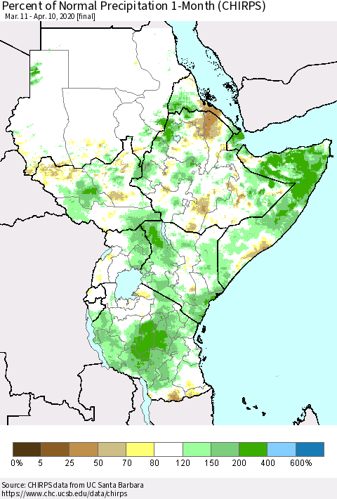 Eastern Africa Percent of Normal Precipitation 1-Month (CHIRPS) Thematic Map For 3/11/2020 - 4/10/2020