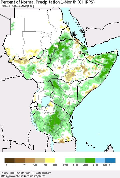 Eastern Africa Percent of Normal Precipitation 1-Month (CHIRPS) Thematic Map For 3/16/2020 - 4/15/2020