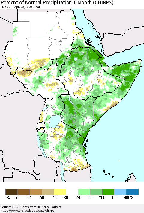 Eastern Africa Percent of Normal Precipitation 1-Month (CHIRPS) Thematic Map For 3/21/2020 - 4/20/2020
