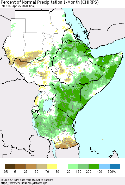 Eastern Africa Percent of Normal Precipitation 1-Month (CHIRPS) Thematic Map For 3/26/2020 - 4/25/2020