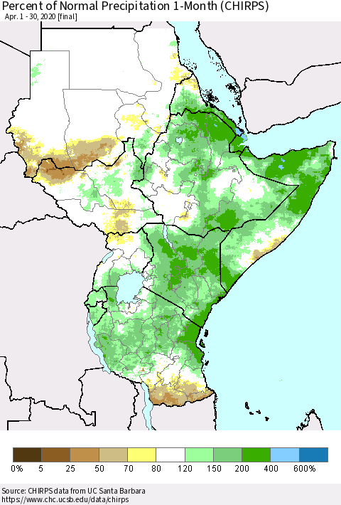 Eastern Africa Percent of Normal Precipitation 1-Month (CHIRPS) Thematic Map For 4/1/2020 - 4/30/2020