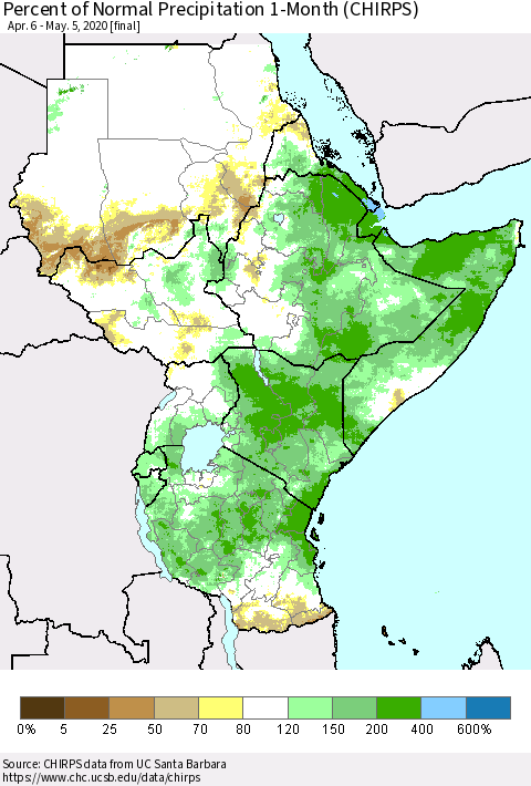 Eastern Africa Percent of Normal Precipitation 1-Month (CHIRPS) Thematic Map For 4/6/2020 - 5/5/2020