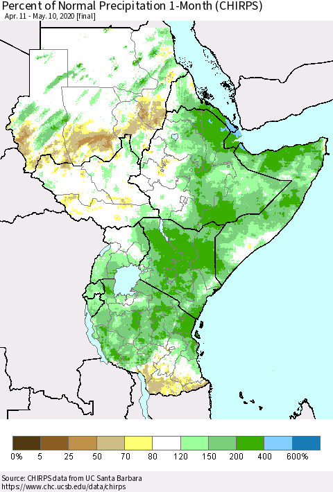 Eastern Africa Percent of Normal Precipitation 1-Month (CHIRPS) Thematic Map For 4/11/2020 - 5/10/2020