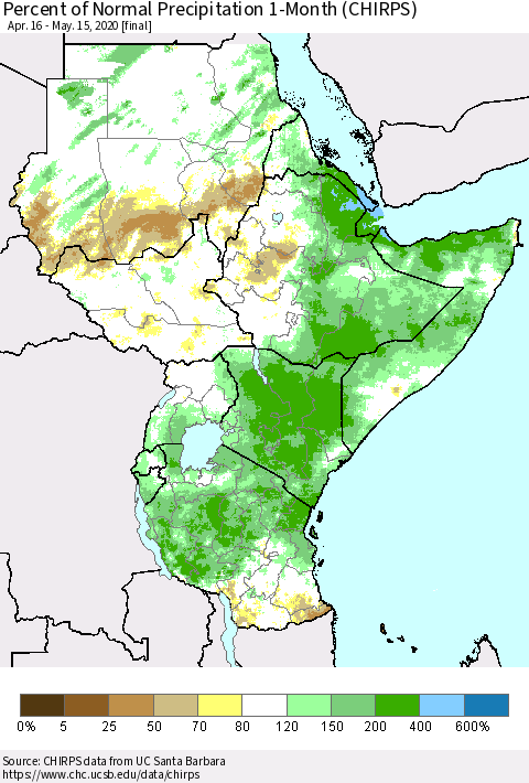 Eastern Africa Percent of Normal Precipitation 1-Month (CHIRPS) Thematic Map For 4/16/2020 - 5/15/2020