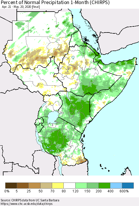 Eastern Africa Percent of Normal Precipitation 1-Month (CHIRPS) Thematic Map For 4/21/2020 - 5/20/2020