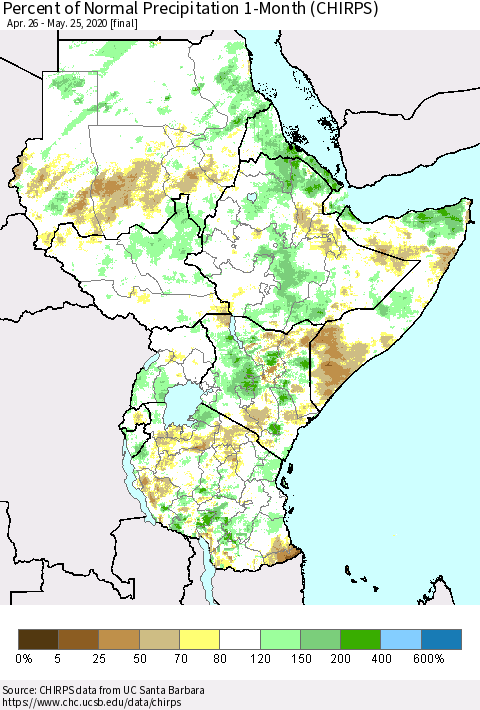 Eastern Africa Percent of Normal Precipitation 1-Month (CHIRPS) Thematic Map For 4/26/2020 - 5/25/2020