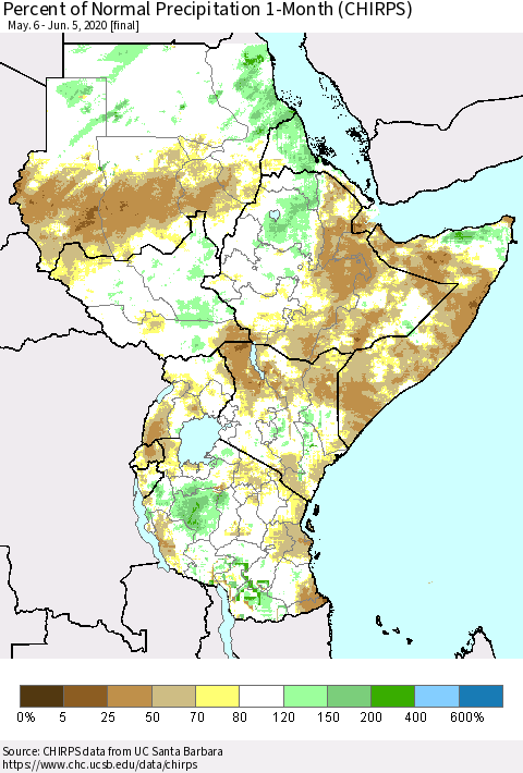 Eastern Africa Percent of Normal Precipitation 1-Month (CHIRPS) Thematic Map For 5/6/2020 - 6/5/2020