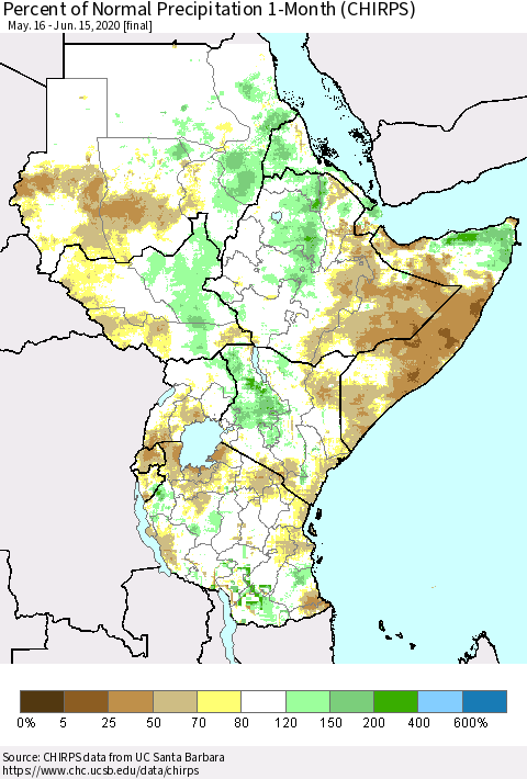 Eastern Africa Percent of Normal Precipitation 1-Month (CHIRPS) Thematic Map For 5/16/2020 - 6/15/2020