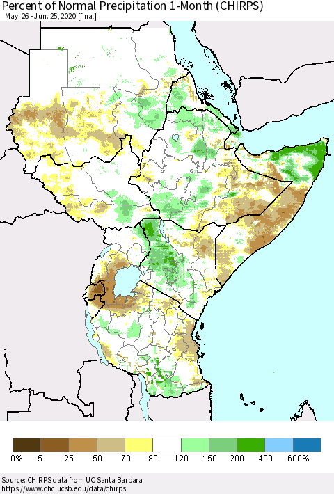 Eastern Africa Percent of Normal Precipitation 1-Month (CHIRPS) Thematic Map For 5/26/2020 - 6/25/2020
