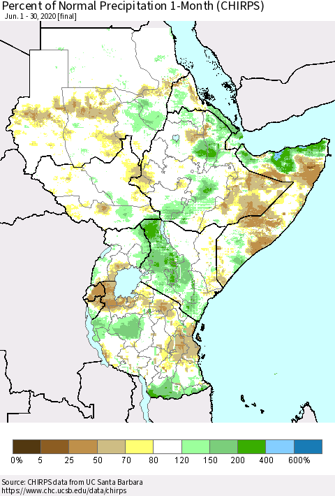 Eastern Africa Percent of Normal Precipitation 1-Month (CHIRPS) Thematic Map For 6/1/2020 - 6/30/2020