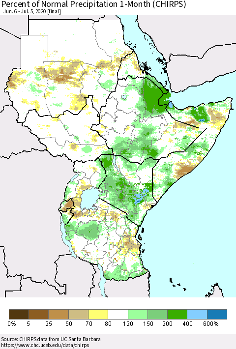 Eastern Africa Percent of Normal Precipitation 1-Month (CHIRPS) Thematic Map For 6/6/2020 - 7/5/2020