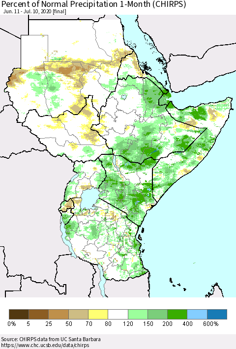 Eastern Africa Percent of Normal Precipitation 1-Month (CHIRPS) Thematic Map For 6/11/2020 - 7/10/2020