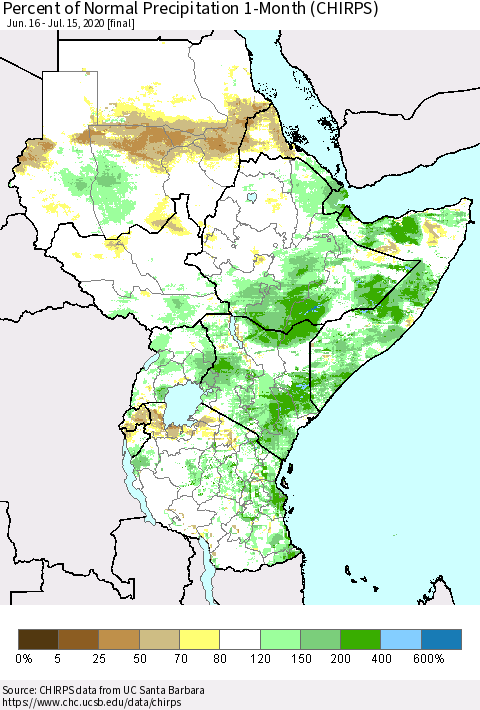 Eastern Africa Percent of Normal Precipitation 1-Month (CHIRPS) Thematic Map For 6/16/2020 - 7/15/2020