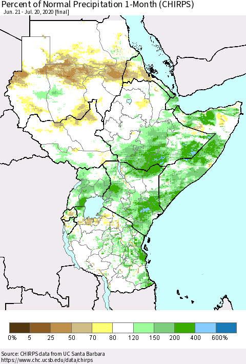 Eastern Africa Percent of Normal Precipitation 1-Month (CHIRPS) Thematic Map For 6/21/2020 - 7/20/2020