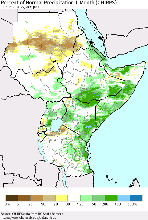 Eastern Africa Percent of Normal Precipitation 1-Month (CHIRPS) Thematic Map For 6/26/2020 - 7/25/2020