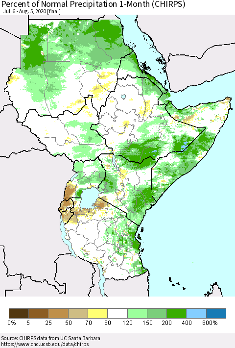 Eastern Africa Percent of Normal Precipitation 1-Month (CHIRPS) Thematic Map For 7/6/2020 - 8/5/2020