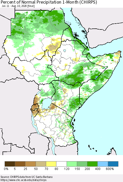 Eastern Africa Percent of Normal Precipitation 1-Month (CHIRPS) Thematic Map For 7/11/2020 - 8/10/2020