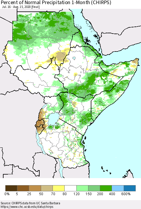 Eastern Africa Percent of Normal Precipitation 1-Month (CHIRPS) Thematic Map For 7/16/2020 - 8/15/2020