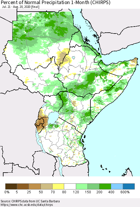 Eastern Africa Percent of Normal Precipitation 1-Month (CHIRPS) Thematic Map For 7/21/2020 - 8/20/2020
