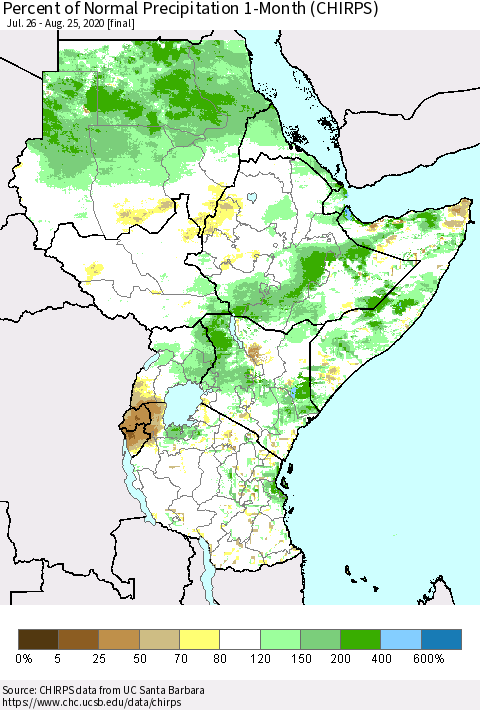 Eastern Africa Percent of Normal Precipitation 1-Month (CHIRPS) Thematic Map For 7/26/2020 - 8/25/2020