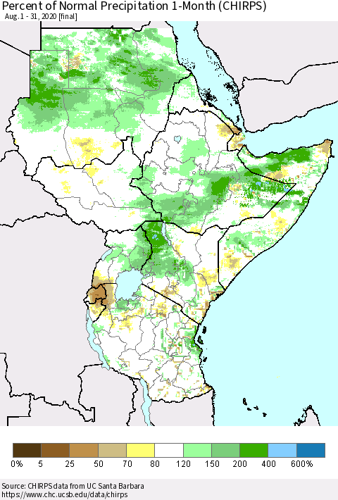 Eastern Africa Percent of Normal Precipitation 1-Month (CHIRPS) Thematic Map For 8/1/2020 - 8/31/2020