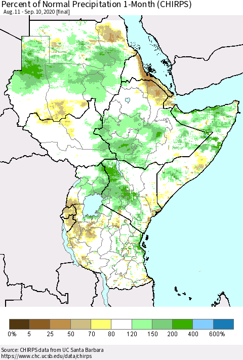 Eastern Africa Percent of Normal Precipitation 1-Month (CHIRPS) Thematic Map For 8/11/2020 - 9/10/2020