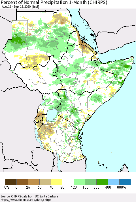 Eastern Africa Percent of Normal Precipitation 1-Month (CHIRPS) Thematic Map For 8/16/2020 - 9/15/2020