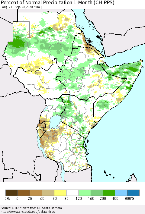 Eastern Africa Percent of Normal Precipitation 1-Month (CHIRPS) Thematic Map For 8/21/2020 - 9/20/2020
