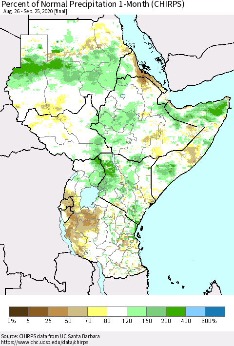 Eastern Africa Percent of Normal Precipitation 1-Month (CHIRPS) Thematic Map For 8/26/2020 - 9/25/2020