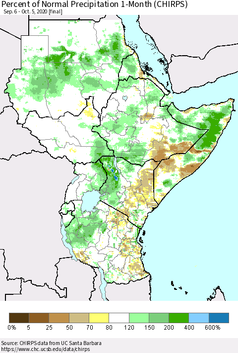 Eastern Africa Percent of Normal Precipitation 1-Month (CHIRPS) Thematic Map For 9/6/2020 - 10/5/2020