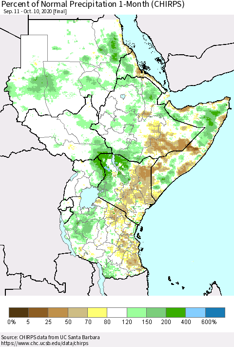 Eastern Africa Percent of Normal Precipitation 1-Month (CHIRPS) Thematic Map For 9/11/2020 - 10/10/2020