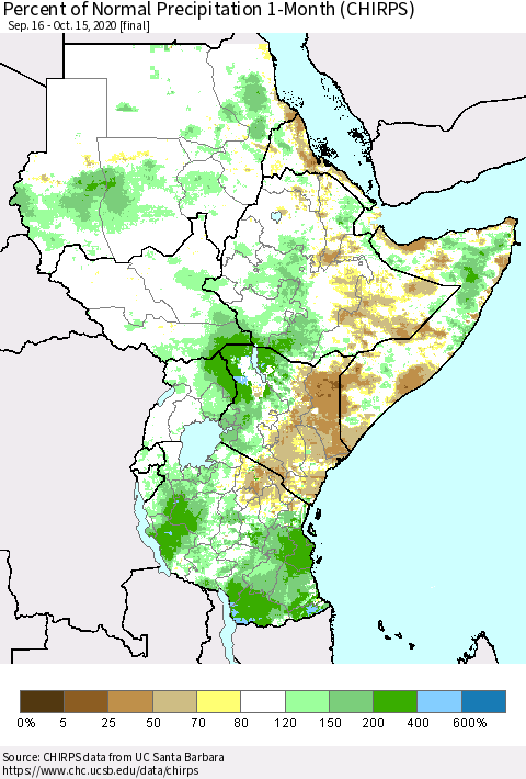 Eastern Africa Percent of Normal Precipitation 1-Month (CHIRPS) Thematic Map For 9/16/2020 - 10/15/2020