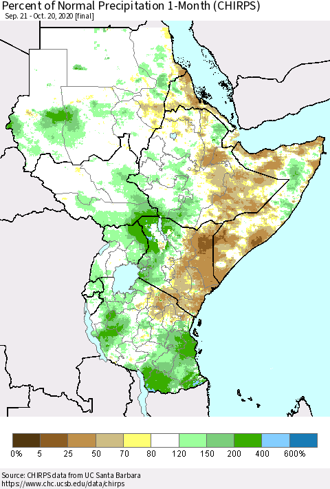 Eastern Africa Percent of Normal Precipitation 1-Month (CHIRPS) Thematic Map For 9/21/2020 - 10/20/2020