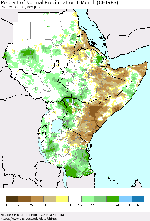 Eastern Africa Percent of Normal Precipitation 1-Month (CHIRPS) Thematic Map For 9/26/2020 - 10/25/2020