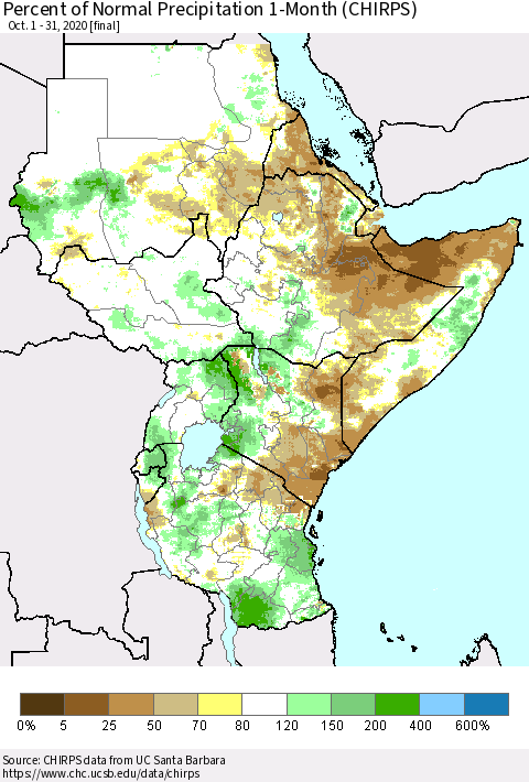 Eastern Africa Percent of Normal Precipitation 1-Month (CHIRPS) Thematic Map For 10/1/2020 - 10/31/2020