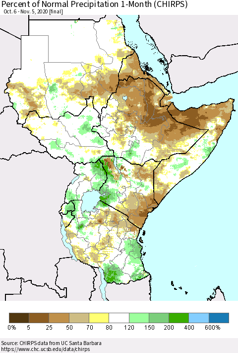 Eastern Africa Percent of Normal Precipitation 1-Month (CHIRPS) Thematic Map For 10/6/2020 - 11/5/2020