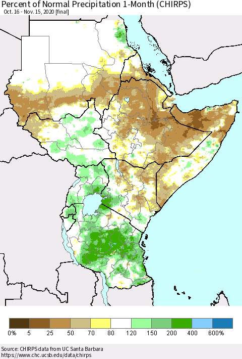Eastern Africa Percent of Normal Precipitation 1-Month (CHIRPS) Thematic Map For 10/16/2020 - 11/15/2020