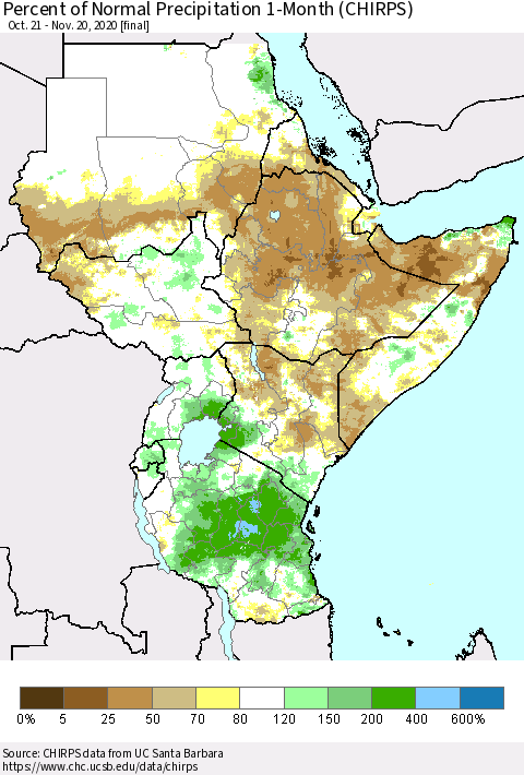 Eastern Africa Percent of Normal Precipitation 1-Month (CHIRPS) Thematic Map For 10/21/2020 - 11/20/2020