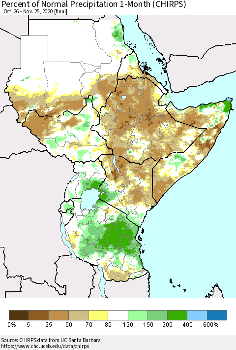 Eastern Africa Percent of Normal Precipitation 1-Month (CHIRPS) Thematic Map For 10/26/2020 - 11/25/2020