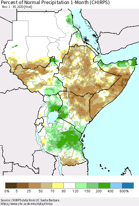 Eastern Africa Percent of Normal Precipitation 1-Month (CHIRPS) Thematic Map For 11/1/2020 - 11/30/2020