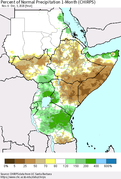 Eastern Africa Percent of Normal Precipitation 1-Month (CHIRPS) Thematic Map For 11/6/2020 - 12/5/2020
